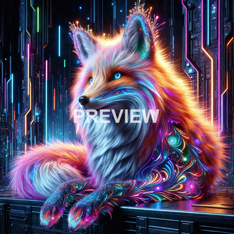 A highly detailed, colorful, and luminous digital artwork of a fox with glowing fur and bright blue eyes, set against a futuristic, neon-lit background.